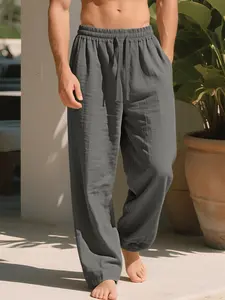 Men's solid color Plain high-quality linen drawstring waistband trousers, autumn regular fit Fitted casual pants, daily wear casual fashion, skin-friendly breathable comfort men's trousers, men's clothing, men's apparel.