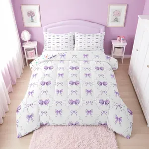 Cute Purple Bow Comforter Set for Girls | Purple Ribbon Bow Tie Bedding Set,for Kids Women,Coquette Bowtie Bed Set,Princess Bows Room Decor