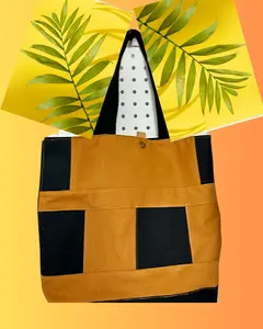 Cute Two Color canvas Tote Bag Handbag With Large Inside Pockets Shoulder Strap with Black Patch