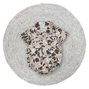 Baby Boys Khaki Brown Deer Hunting Season Camouflage Short Sleeve Snaps Pockets Button Ups Stretchy Soft Rompers