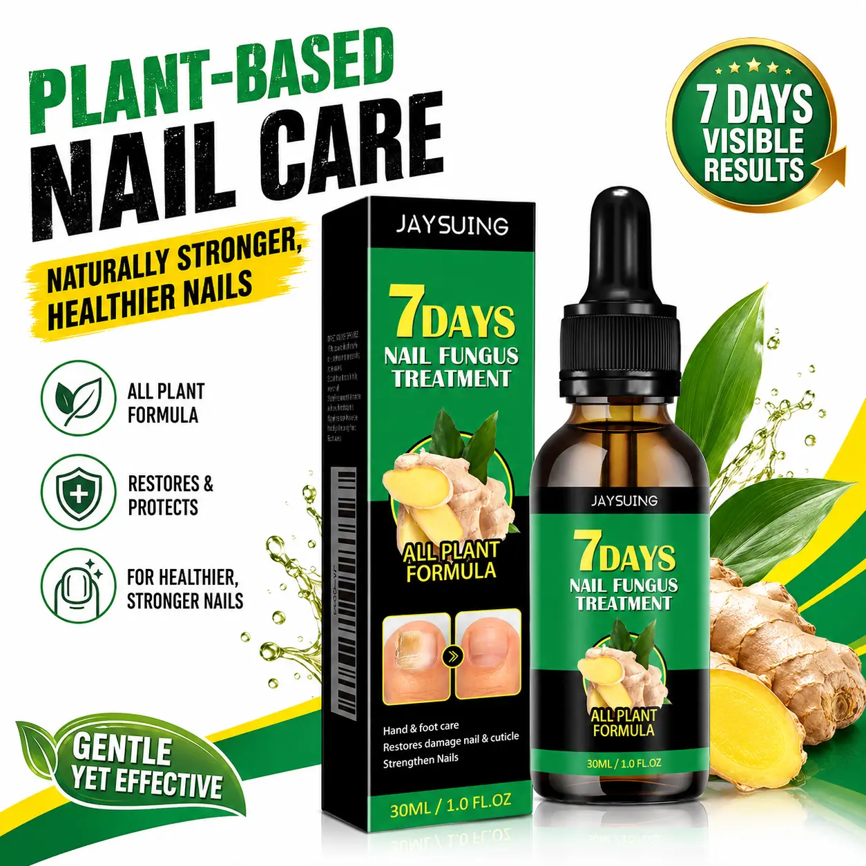 Ginger Nail Repair Serum, 7-Day Fungal Removal Nail Thickening Solution, Liquid Treatment for Healthy Growth that Enhances Natural Shine, Natural Nails, Adults