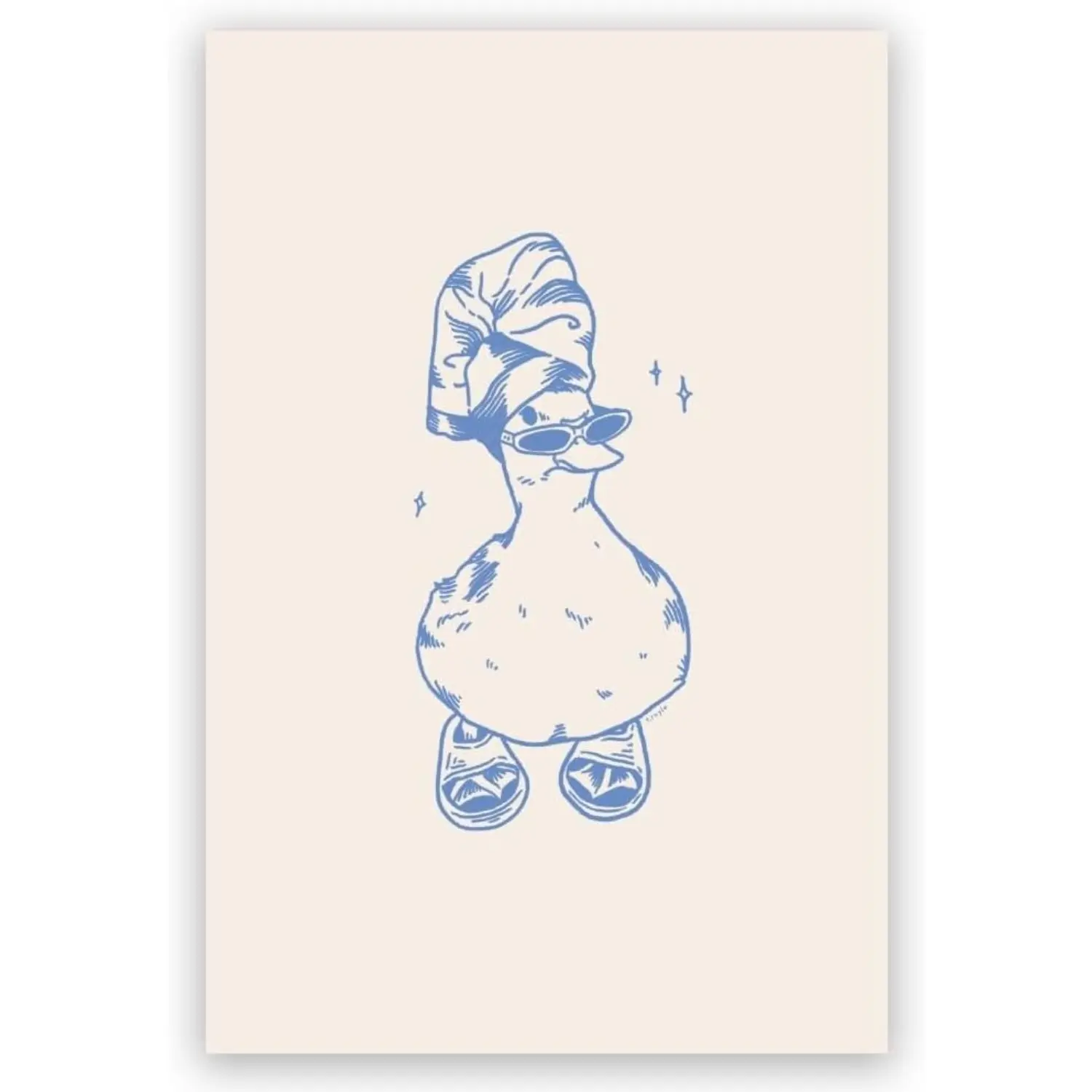 Artistic Cartoon Duck Bathroom Canvas Print - Framed Graphic Animals Wall Art, 20x30in(50x75cm)/24x36in(60x90cm), Blue Duck in Slippers Post-Bath, Retro Wood Decor for Kid Room/Wardrobe, Universal Gift, Multi-Size