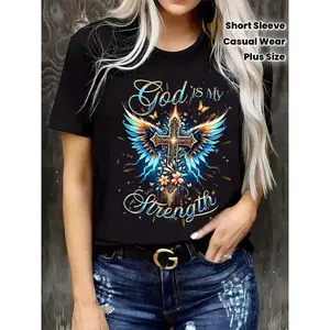 Soft  Women'S Christian Faith T-Shirt - Casual Short Sleeve Round Neck Top With Cross & Wings Design, Brings The Light Of Love & God Is My Strength Bible Verse (Psalm 28:7) - Inspirational Religious Apparel For Casual Attire, summer clothes