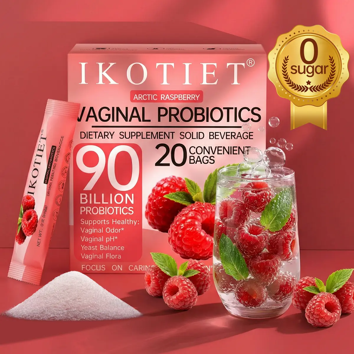 IKOTIET Women's Prebiotic-Probiotic Wellness Powder Drink - Sugar Free, Gut Support, pH Balance, Gluten Free, Non-GMO, Arctic Raspberry Flavor, Lemon Lime Extract, 20-Pack (1 Box) + 1 Complimentary Sample