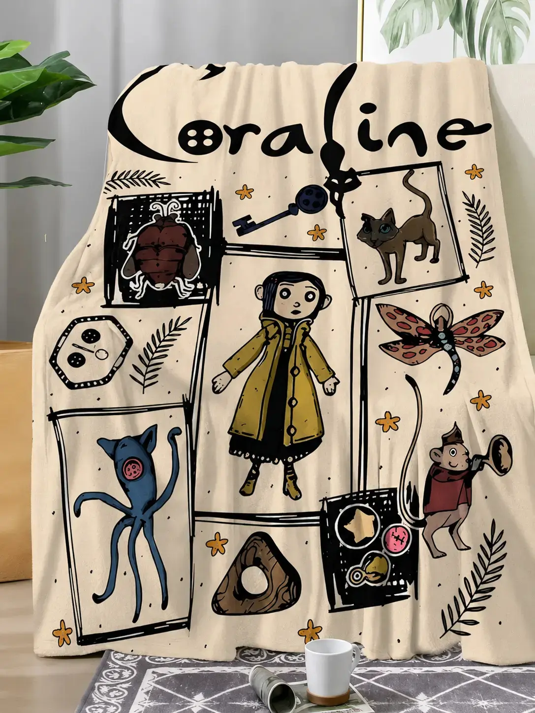 Coraline Cartoon Throw Blanket, Gothic Fantasy Girl Black Cat Soft Cozy Plush Bed Blanket, Lightweight Warm Blankets for Kids Bedroom Decor, Couch Sofa Living Room, Birthday Gifts for Fans