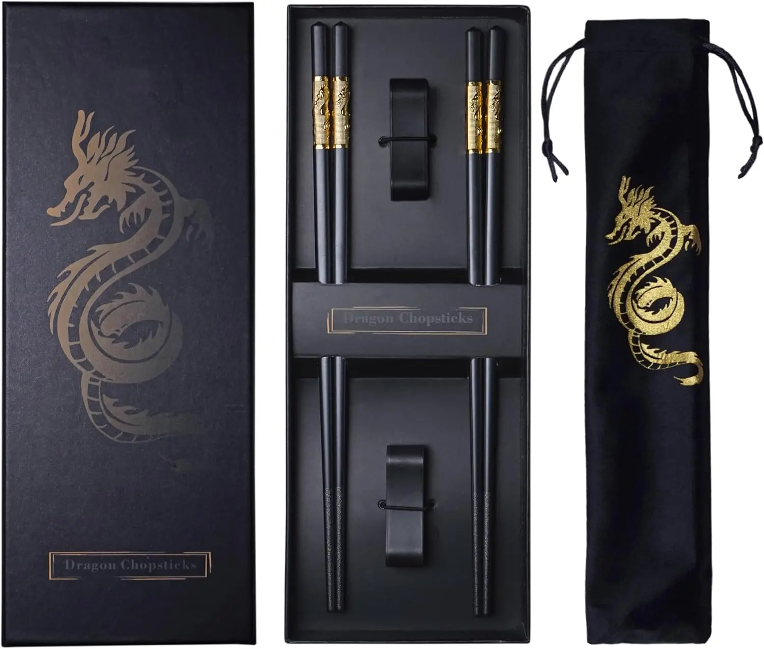 Golden Dragon Chopsticks Set- Alloy Metal  Chopsticks with Holder &  Bag, Traditional Chinese Design, Dishwasher Safe, Elegant  Box (2 Pairs)