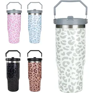 Women’s 30oz White Leopard Print Reusable Vacuum Insulated Stainless Steel Flask - Round Travel Coffee Mug with Lid and Straw, Kitchenware Drinkware Gift Accessory, Flasks