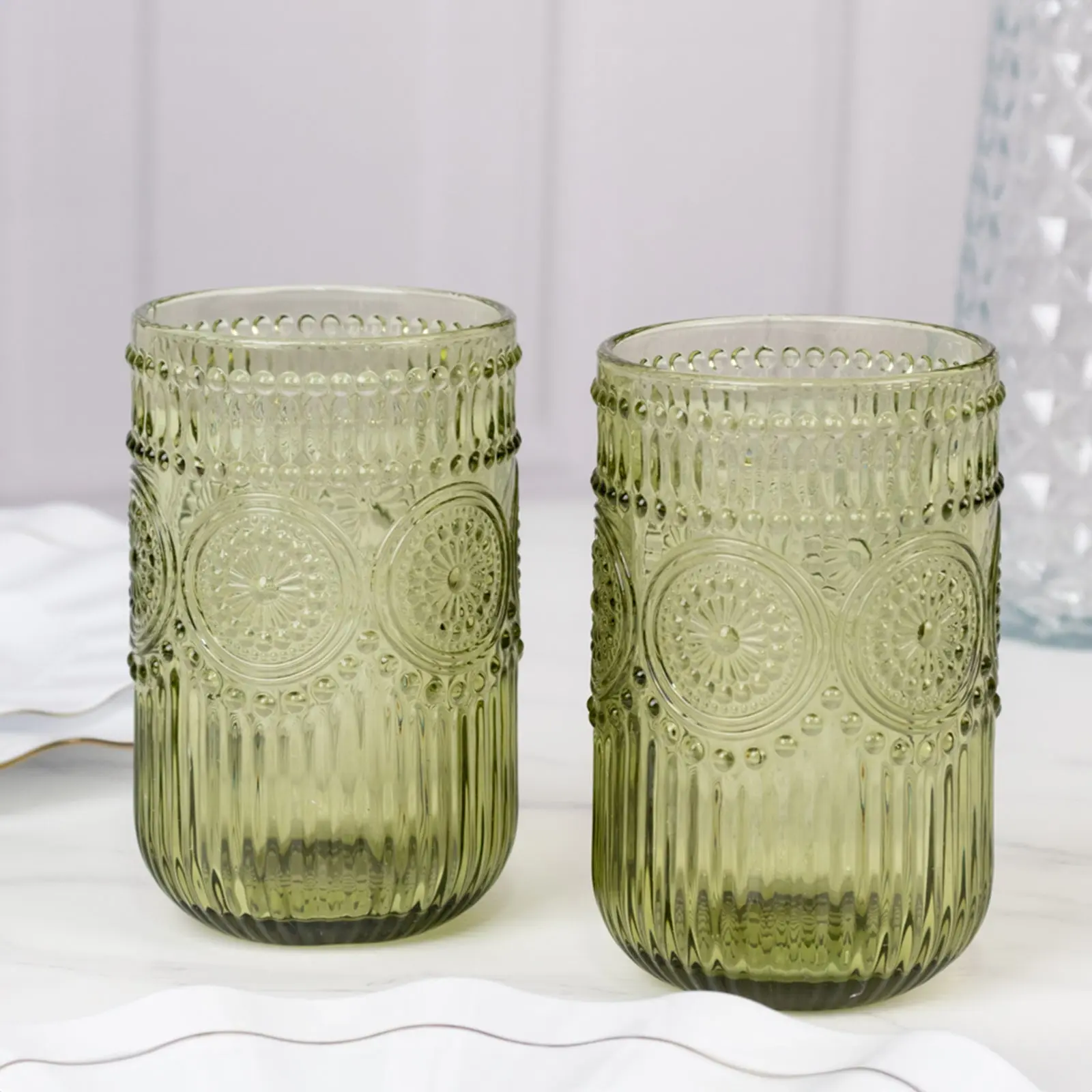 6-Pack Dusty Sage Green Vintage Embossed Textured Floral Glass Tumblers - 14oz Highball Cups for Drinks, Parties, Cup
