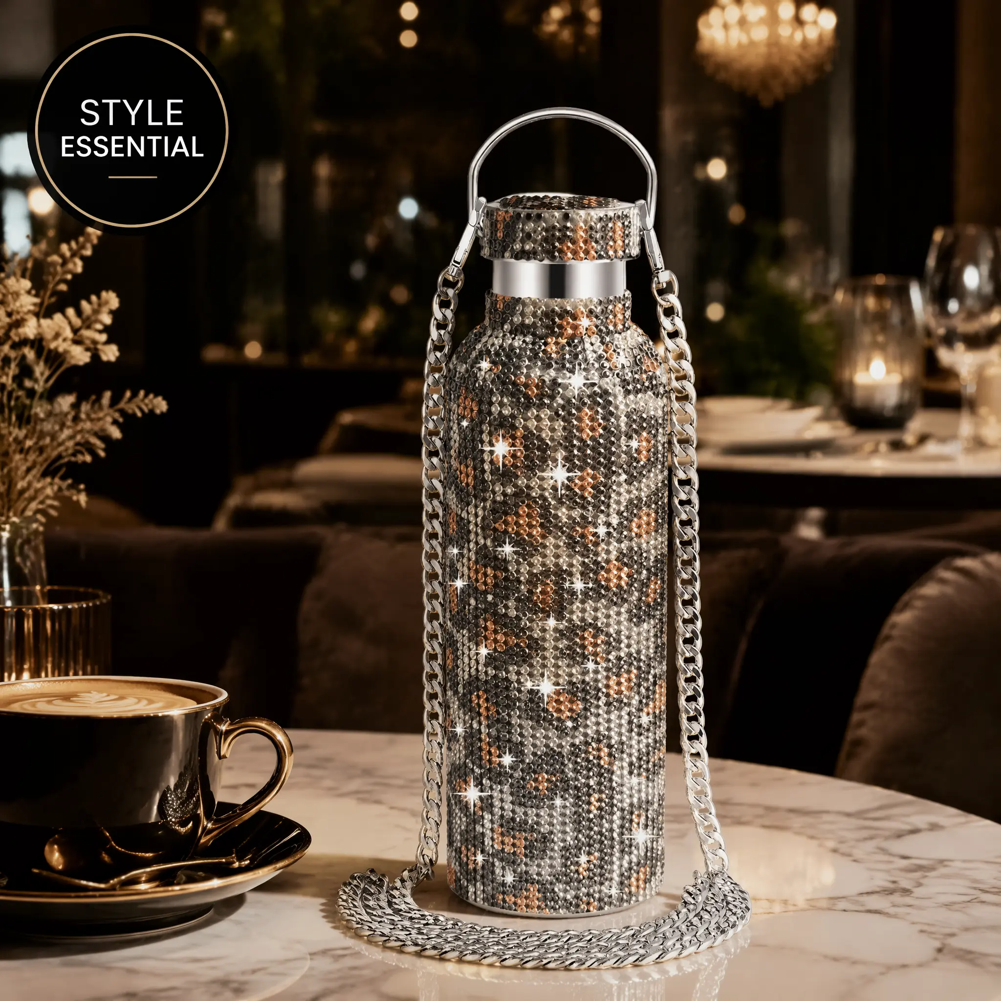 500ml Silver Stainless Steel Water Bottle - Full Bling Stones Double-Wall Vacuum Insulated Thermal Tumbler, Leakproof Refillable Shiny Surface Jug with Detachable Chain, Car Interior Stowing Accessory for Women, Hot/Cold Drink Festival Gift, Steel + Gems