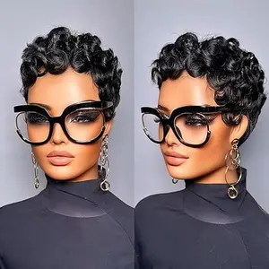 Short Pixie Cut Egg Wavy Curly Bomb Black Colorful Mommy Wig Pin Curls Brizalian Virgin Human Hair Cute Style Wigs For Black Women Daily Party Use Everyday Gatherings Summer Wigs