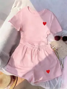 Comfortable Heart Print Two-Piece Set | Casual Short-Sleeve T-Shirt High-Waist Shorts | Soft Loungewear Suitable for Summer, Beach, and Daily Wear | Suitable for Casual Outings and Street Style #Today's Outfit #Loungewear #tiktokshopspringglowup