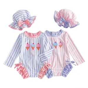 Toddler Baby Girl Rash Guard Swimsuit Long Sleeve Ice Cream Embroidery Ruffled Swimwear with Hat for Beach Pool 6M-3Y