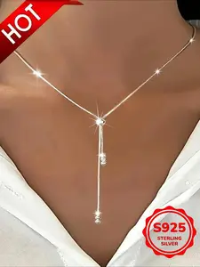 Women's S925 Silver Color Statement Necklace, Adjustable Y-Shape Design, Elegant Minimalist Daily Wear Jewelry for All Seasons, Perfect Gift for Holidays, Adjustable Pendant Necklace