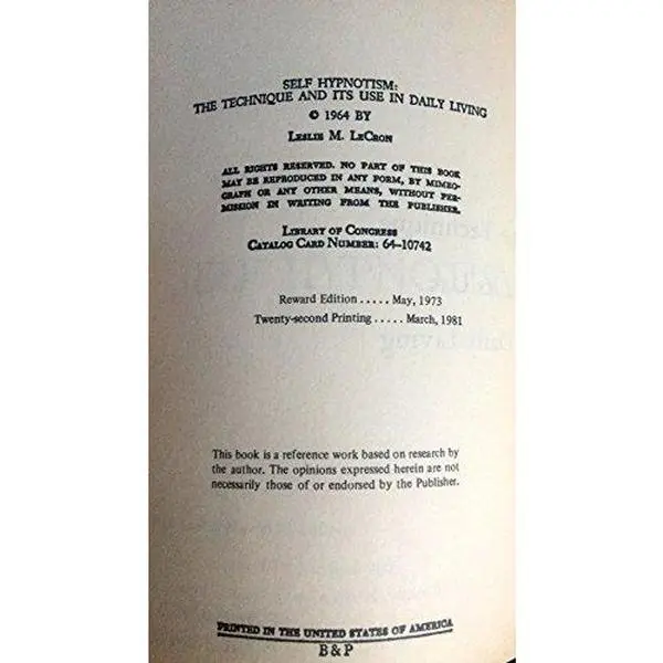 USED Book - Self Hypnotism: The Technique and Its Use in Daily Living by Leslie M. Lecron (Paperback) - english