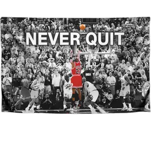 3x5 Feet Never Quit Polyester Flag with Four Brass Grommets - Inspirational Workout Fitness Home Gym Wall Decor - Cool Gym Motivation Basketball Single Sided Poster - Motivational Wall Art Decorations