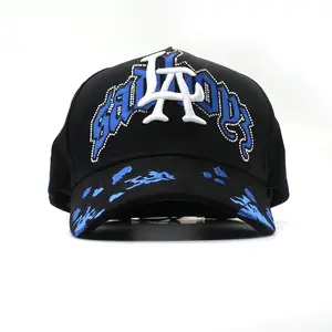 Unisex Black & Blue LA Embroidered Baseball Cap with Rhinestone & Angel Details, Streetwear Snapback Hat