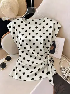 New Polka Dot Round Neck Women's Shirt, Perfect for Outing, Vacation, Daily Wear, Commute, Festive Occasions, Spring Summer Style