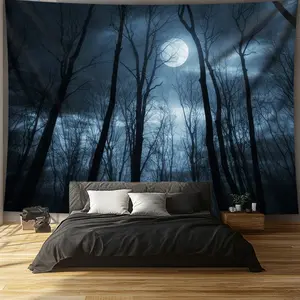 1pc Extra Large Black and White Forest Moon Night Polyester Tapestry - High-Definition Aesthetic Artwork Print, Celestial Goth Cool Tones Wall Decor, Lightweight Fabric, Bedroom Living Room Decor, Machine Washable, Free Hanging Clip, Gift Option, Artwork