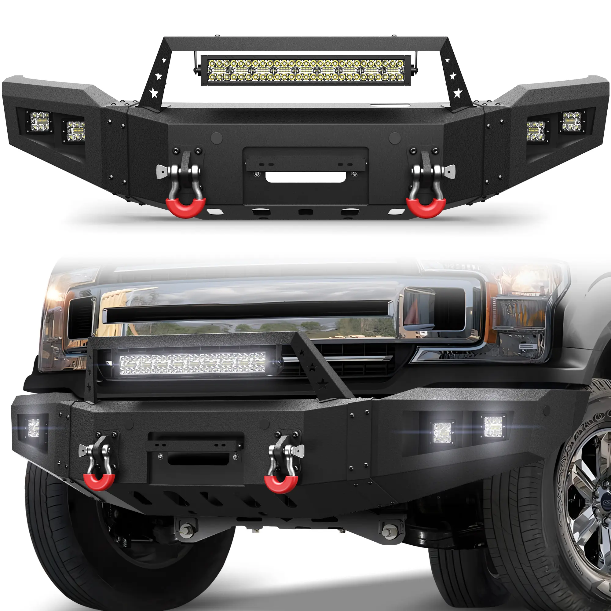 POFENZE-NADIA Custom Fit Front Bumper for 2018-2020 Ford F150 (Excluding Raptor) - Auto Replacement Part with D-Ring Lights, Light Bars, Performance Boost, Truck Upgrade, Enhances Functionality