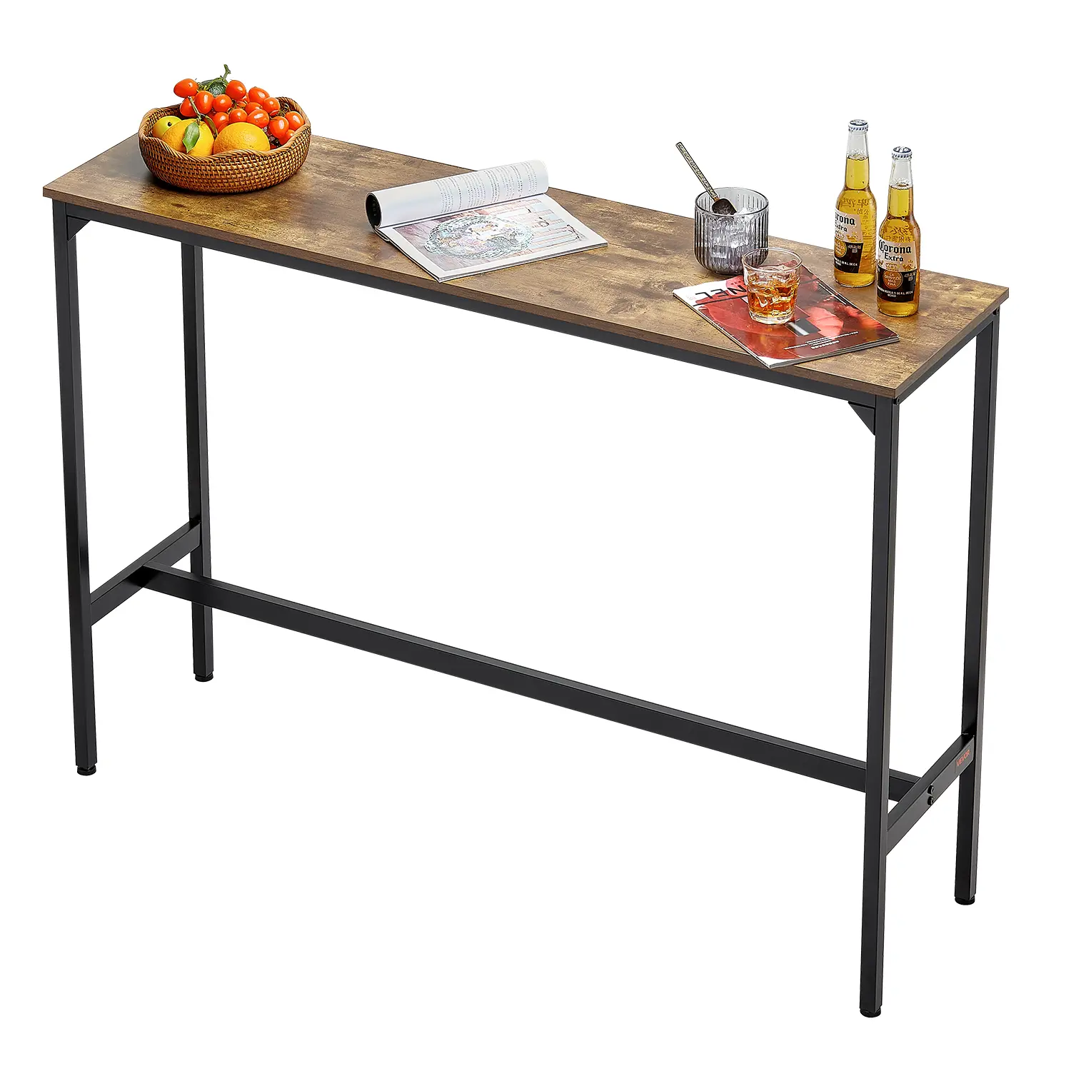 VEVOR Bar Table,  Sturdy Metal Frame High Top Pub Table, Narrow Long Kitchen Dining, Cocktail Counter Bar Height Desk, Easy to Assemble, 55x15x39 in, for Living Room Party, Rustic Brown and Black