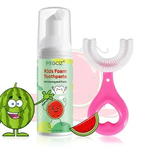PEGCIZ Children's Teeth Cleaning Mousse + Toothbrush, Strawberry/watermelon/blueberry/ Flavors, Oral Care Kit, U-Shaped Design, Kid Toothpaste