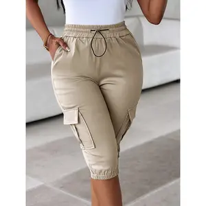 Slim Fit Slimming Solid Color Casual Patch Pocket Drawstring Elastic Waist Capri Pants denim tear