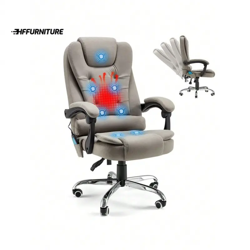 New 2024  YODOLLA 6 Points Executive With Heat Function Home Reclining Desk PU Leather Massage Office Chair W Footrest Grey Cloakroom Decor