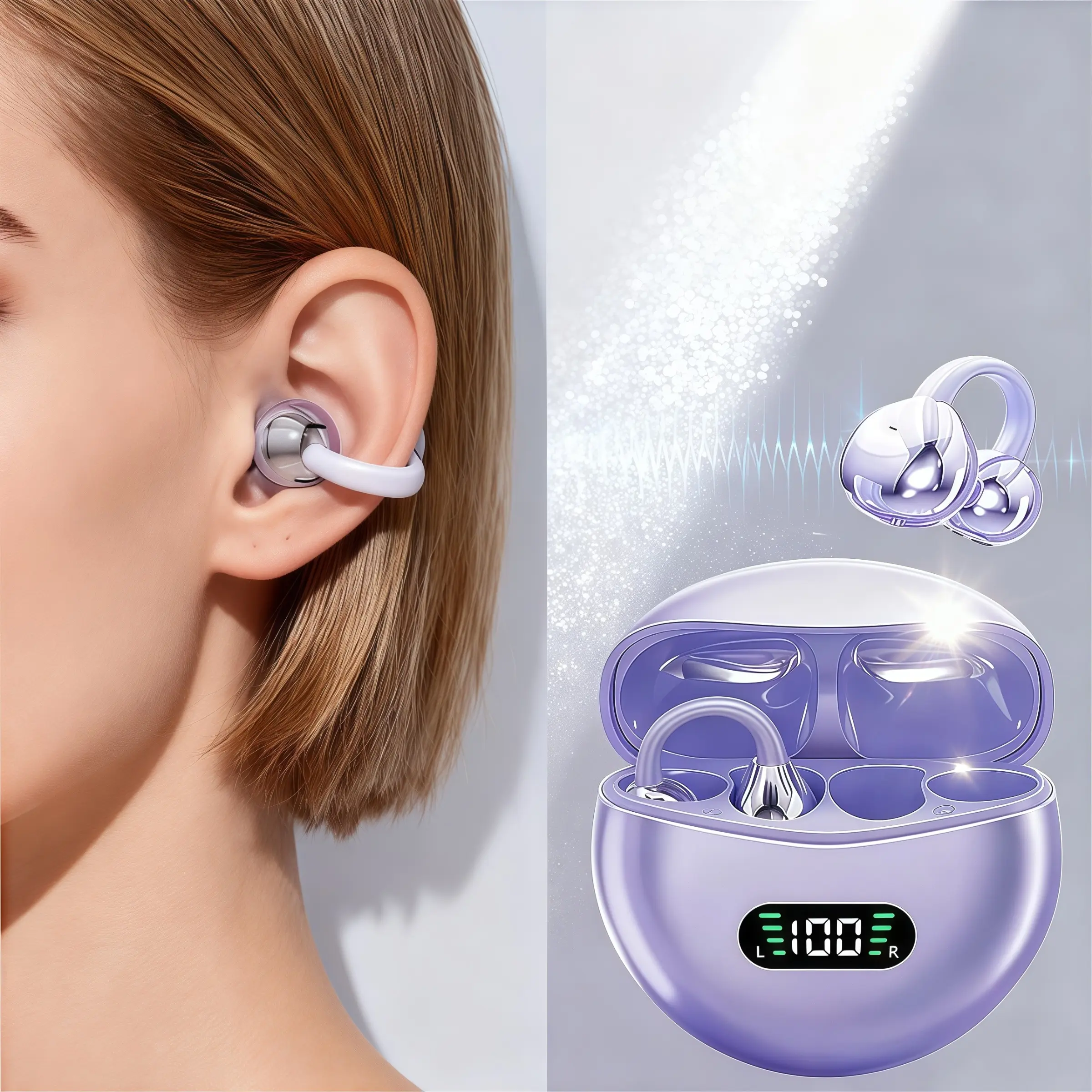 Wireless Open-ear Headphone, TWS Earbudswith Charging Case, Stereo Sound Earphone forAndroid & lphone, Bluetooth-compatible Earbudsfor Sports, Purple Audio Earbuds Gift, EarphoneProtective Case, Chargeable