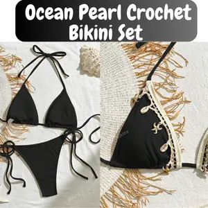 Women's Exotic Black Ribbed Bikini Set – Two-Piece Swimsuit with Handmade Shell & Starfish Crochet Trim