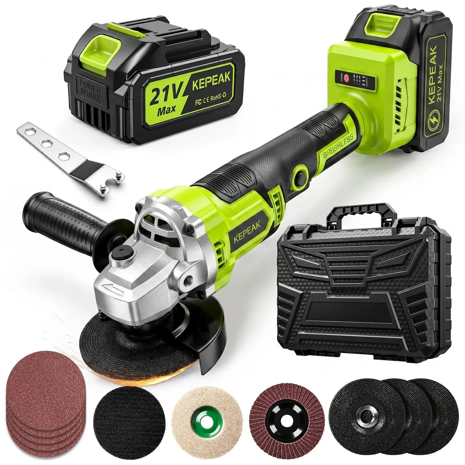 21V Brushless Motor 4" Cordless Angle Grinding Machine Full Kit - 450W Power Tool with 1300mAh Battery, Charger, Metal Cutting Discs, Grinding Wheel, Self-Adhesive Backing Pad & Accessories for DIY Home Improvement, Workshop Tasks