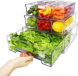 AISOON 10 Pack Clear Fridge Organizer Bins with Lids, Stackable Refrigerator Storage Containers,With a Pull-out Large Drawer, BPA-Free with Drain Tray & Anti-Slip Base for Fruits, Veggies, Drinks