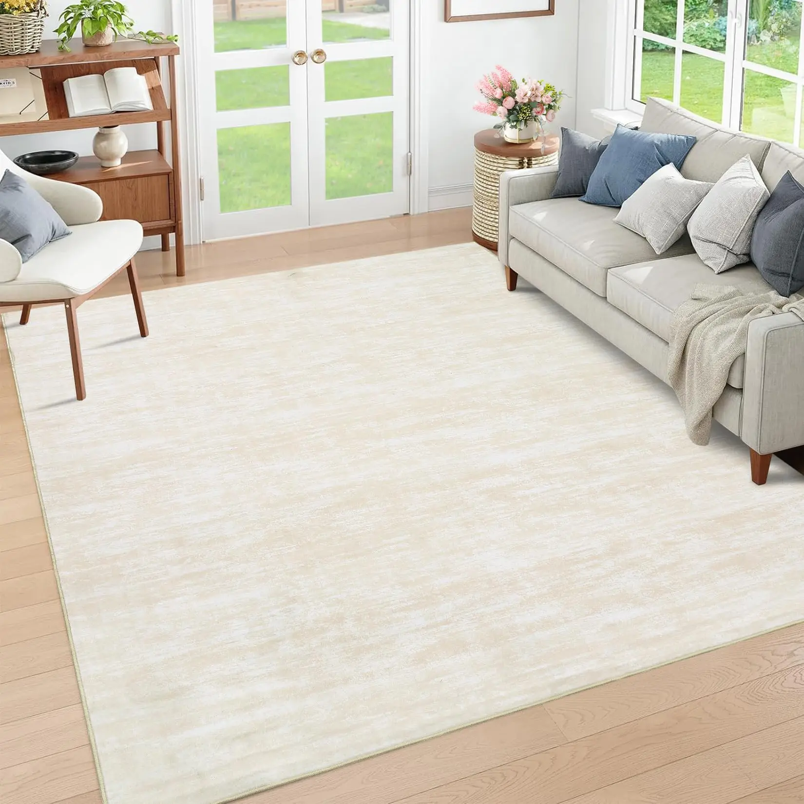 8x10 Washable Rug, Modern Solid Texture Area Rug, Stain-Resistant Non-Slip Low Pile Carpet for Bedroom, Playroom, Nursery & Living Room, Light Beige