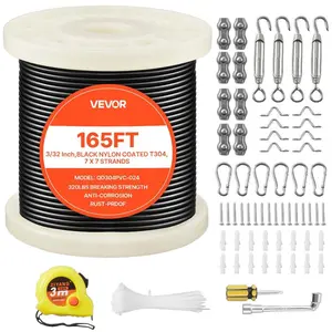 VEVOR 3/32 Inch Wire Rope Kit, 165 ft Length, 304 Stainless Steel Wire Cable, 450 lbs Breaking Strength, 7x 7 Strands Construction, Steel Cable for Deck Railing System, Garden Trellis, String Lights