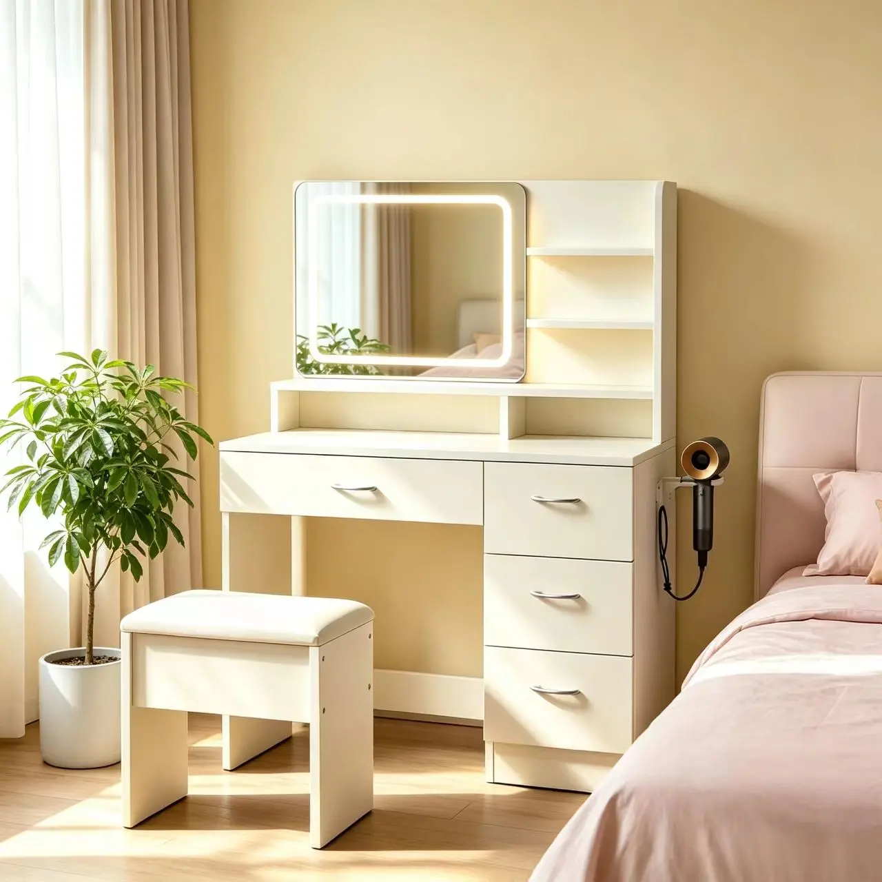 Minimalist White LED Lighting Makeup Vanity Table Set with Stool - Wood Frame, Large Storage, Stylish Top Drawer, Hairdryer Holder, Makeup Desk with Mirror for Bedroom Beauty Routines