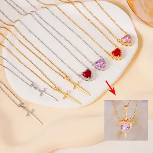 18K Gold Plated Cupids Arrow Dagger Pink Heart Crystal Necklace Mix and Match Stackable Edgy Y2K Jewelry Gift  Gold Plated Heart and Cross Pendant Necklace