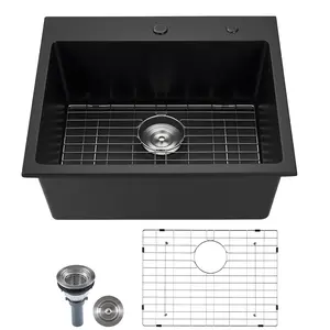 VEVOR 25 inch Kitchen Sink Workstation, Top Mount Granite Sinks, Drop-In Single Bowl Farmhouse Basin with Multiple Accessories, Household Dishwasher Sinks for RV, Prep Kitchen, and Bar (Black)