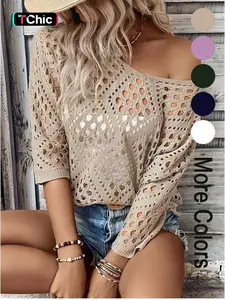 Women's Plain Hollow Out Sweater Pullover, Casual 3/4 Sleeve Crew Neck Fit Jumper for Summer, Fashion Women's Knitwear for Daily Wear, Womenswear