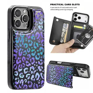 Purple-blue leopard print/wallet card holder, fashionable and trendy with a coin pocket and magnetic closure. Prevents drops and scratches, multi-card slot design with wallet function,Compatible with iPhone 17 Pro Max Phone Case 17 Air 16 15 Plus Samsung