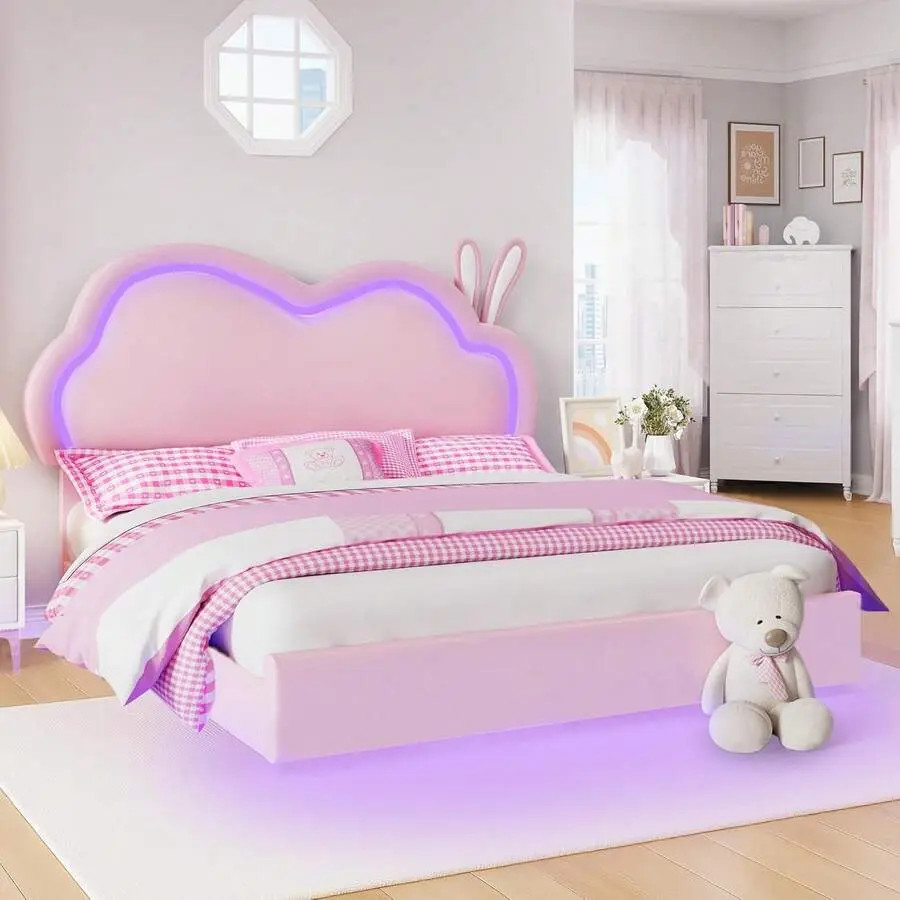 Queen Size Fluffy Cloud Bed Frame - LED Light-Accented Floating Headboard, Adjustable 45.3-47.2in Durable Build, Vacuum-Safe Legs, Self-Assemble Fast Installation, No Box Spring Needed, Ideal for Princess Dream Room