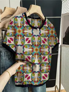 Elegant Bohemian Floral Print Round Neck Sweater, Spring Summer Fall Casual Short Sleeve Knitwear, Breathable Women's Clothing