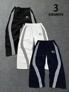 Trendy Striped Wide-Leg Casual Fashion Sweatpants, Classic Three-Stripe Design & Star Logo Detail, All-Season Fitted Pants, Perfect for Street Style, Fashion Bottoms, Star Print Sweatpants