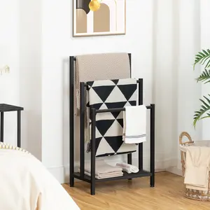 HOOBRO Free Standing Towel Rack, 3 Tier Blanket Rack, Blanket Holder for Bathroom, 16.9" L x 11" W x 31.9" H, Industrial Metal Drying and Display Rack with Shelf, Black#SpringSale #BigSpringSale