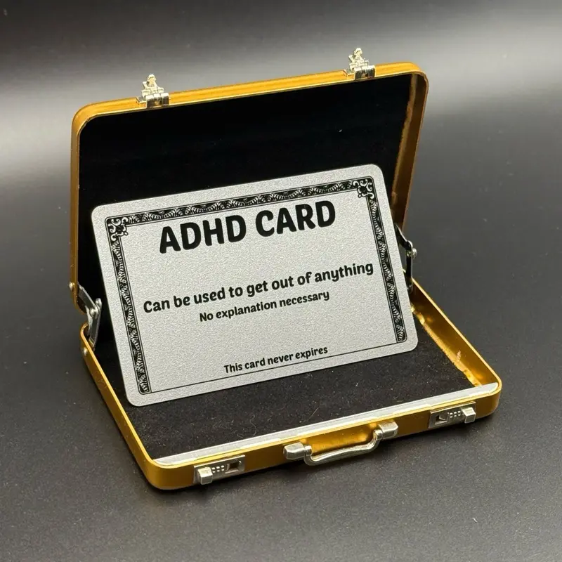 Mini Gold Briefcase & ADHD Card - Pocket Suitcase Wallet For Cards (+ 1 ADHD Excuse Card Included)