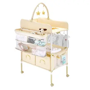 summervibes Portable Foldable Nursery Infant Changing Table, Light Beige, with 2 Fabric Drawers, Side Basket, Hanging Rod, Adjustable Height, Lockable Wheels, 2 Star Toys
