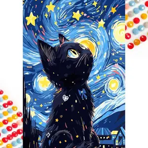 5D DIY Diamond Art Painting Kit, Cat Looking at Starry Sky Mosaic, Canvas Art, Home Wall Decor, Perfect Gift for Birthday, Anniversary, Kitty