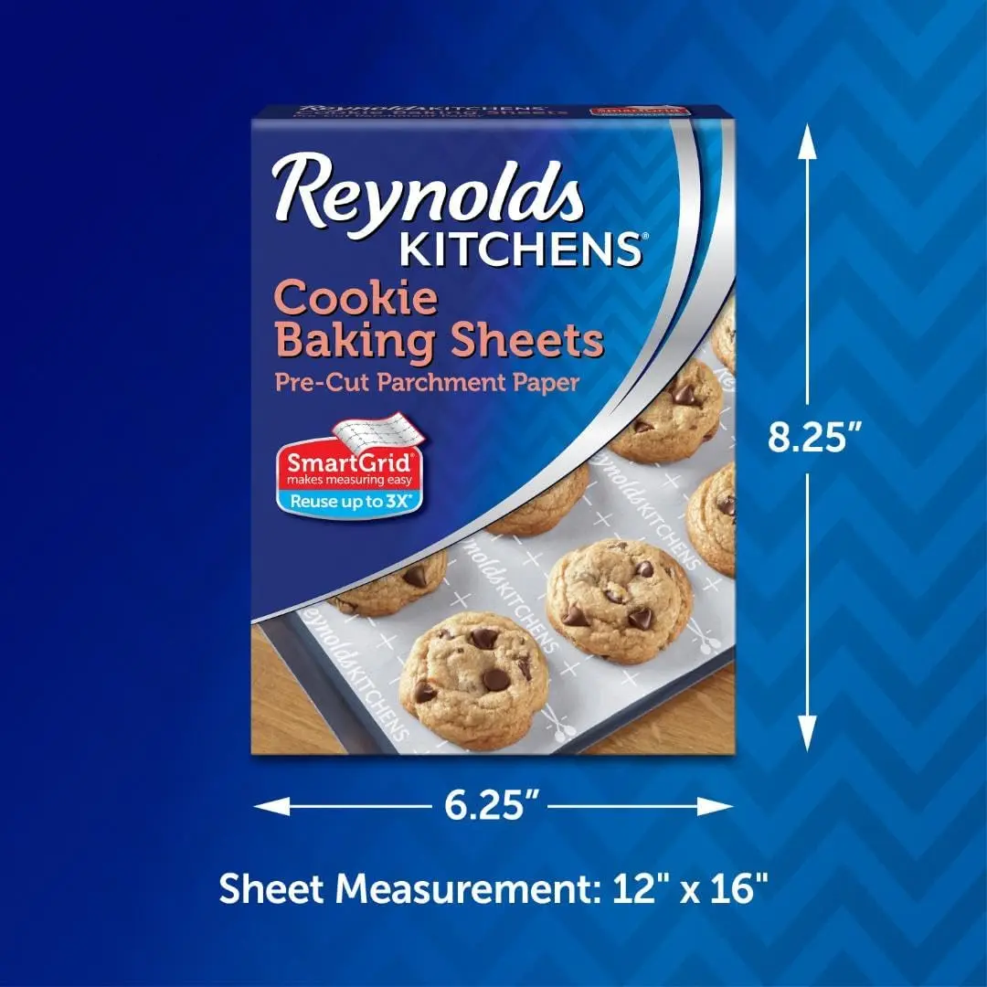 Reynolds Kitchens Cookie Baking Sheets Pre Cut Baking Parchment Paper Sheets for Cookies Oven Safe up to 425 Degrees Reusable Up to 3 Times No Mess Cleanup 12 x 16 Inches 22 Count
