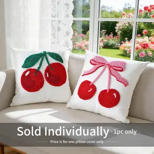 Cherry Embroidery Plush Pillow Cover, Style Circle Velvet Cushion Case for Bedside Sofa Office Backrest Living Room Window Seat, Cushion Covers