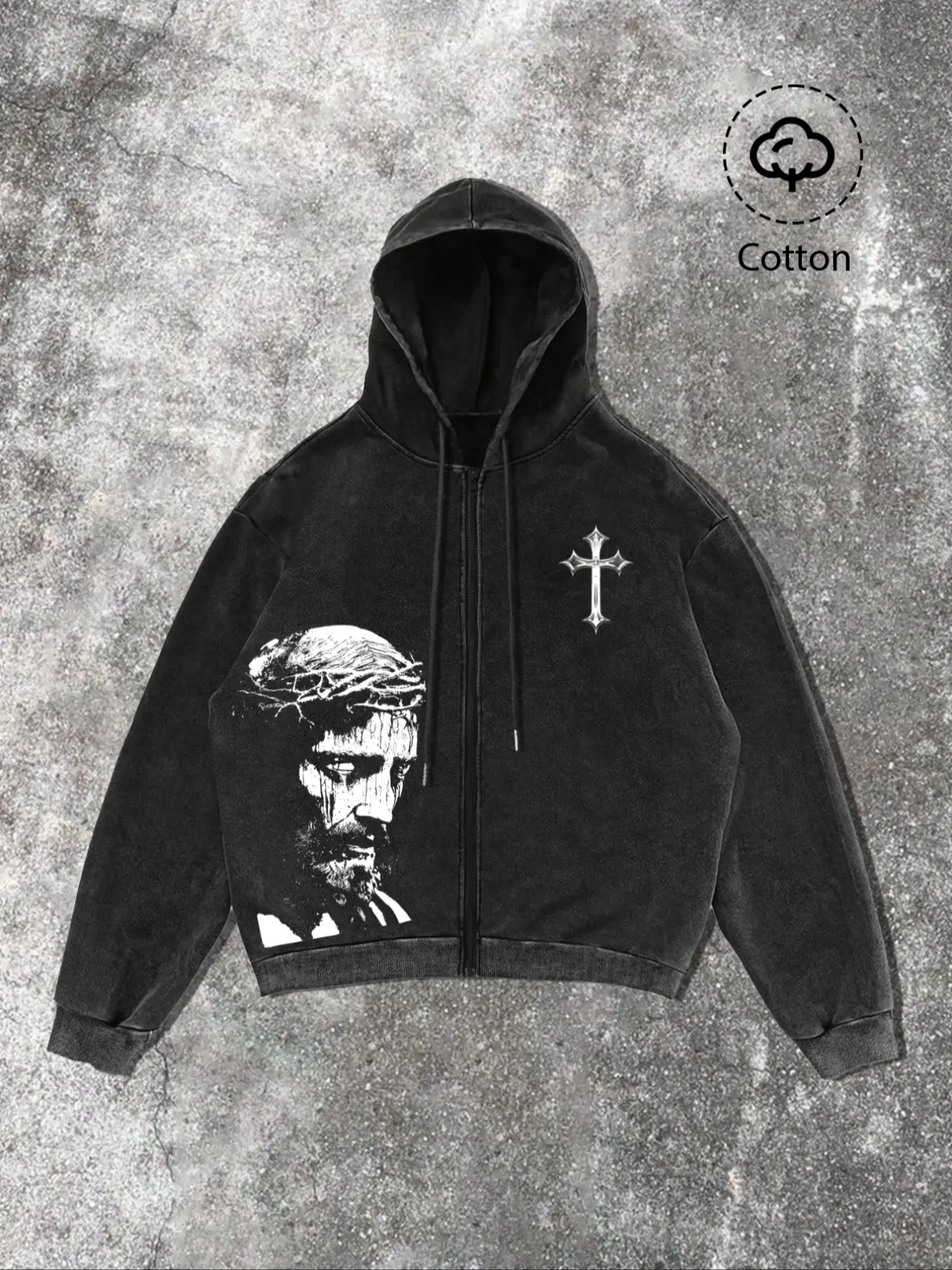 Men's Fall Winter Fashion Stylish Religious Faith Based Streetwear Sweatshirt Zip Hoodie Long Sleeve Fitted, Jesus & Cross Pattern, Street Style Casual Wear, Perfect Gift Choice, Casual Cozy Sweatshirt