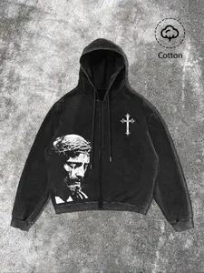 Men's Fall Winter Fashion Stylish Religious Sweatshirt Zip Hoodie Long Sleeve Fitted, Jesus & Cross Pattern, Street Style Casual Wear, Perfect Gift Choice, Casual Cozy Sweatshirt