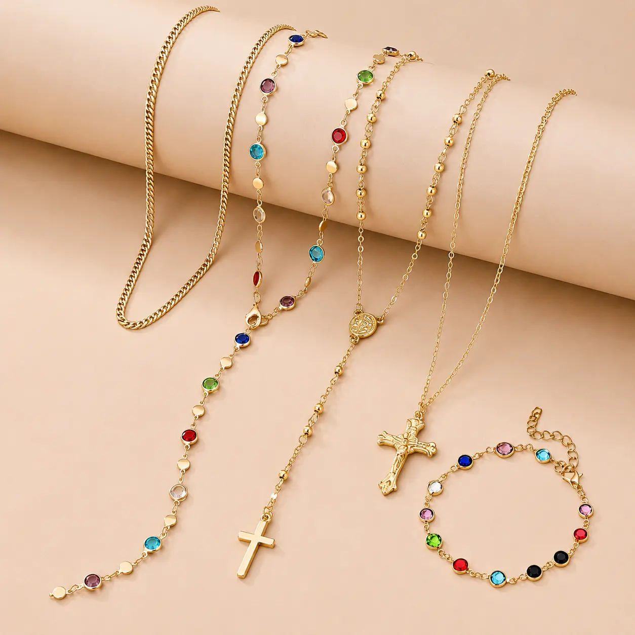 5Pcs Layered Gold Cross Necklaces for Women Trendy, Bohemian Bead Pearl Y Long Pendant Necklace Set, Vintage Rosary Necklace Stack Adjustable Length